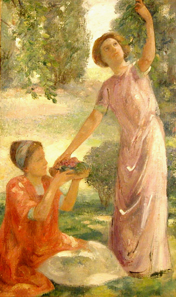Painting of two ladies in the grape arbor